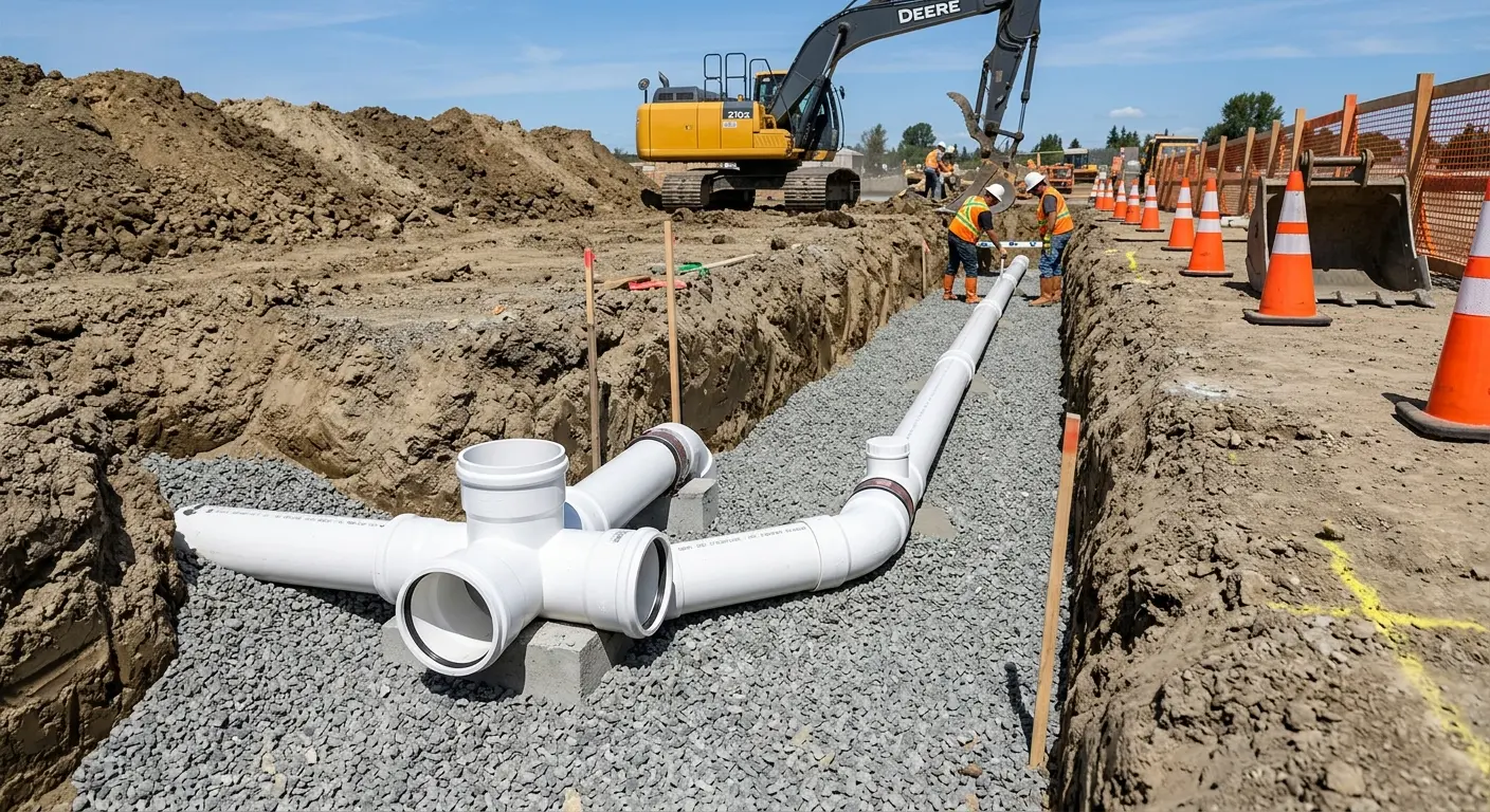 New PVC sewer pipe installation in open trench for Sewer Backup in Clover