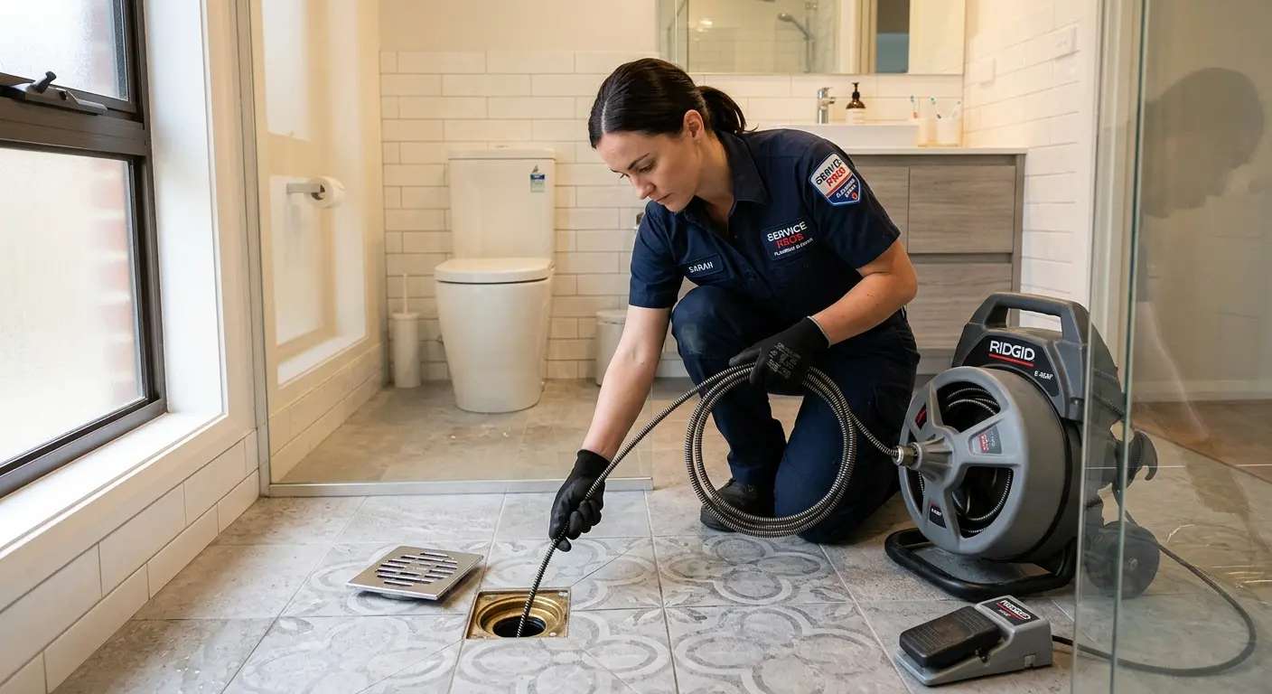 Technician clearing a bathroom floor drain for Drain Cleaning in Clover